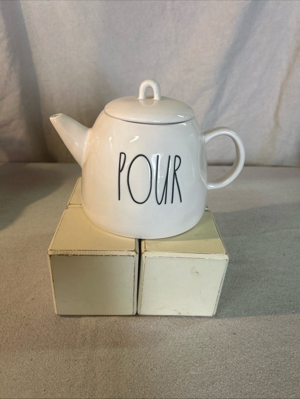 Rae Dunn White Ceramic Teapot with 'POUR' Lettering